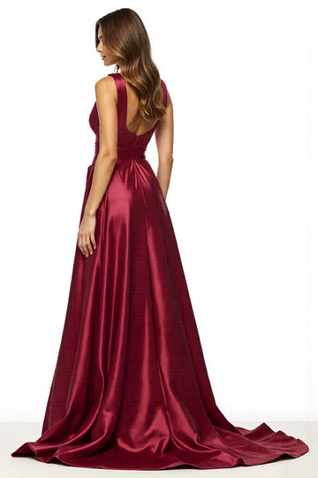Burgundy A Line V Neck Prom Dress With Slit